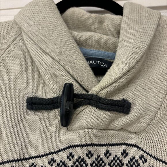 Nautica Men's L Shawl Collar Raglan Sleeve Sweater, Tan w/ Black Print, EUC - Picture 4 of 10